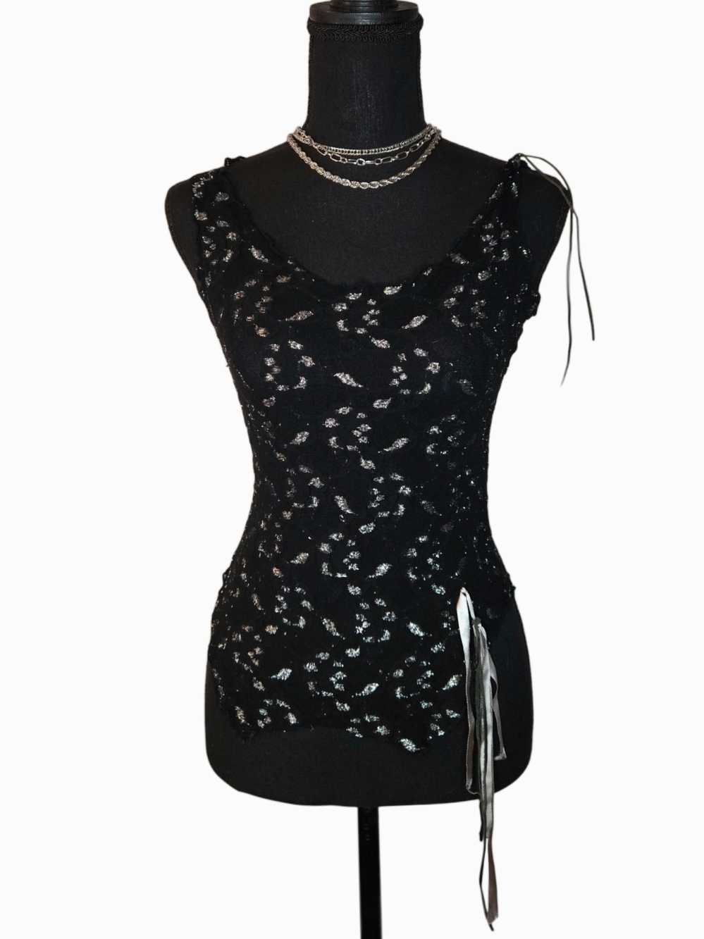 Y2k Whimsygoth Black Metallic Leaf Lace Tank Top!
